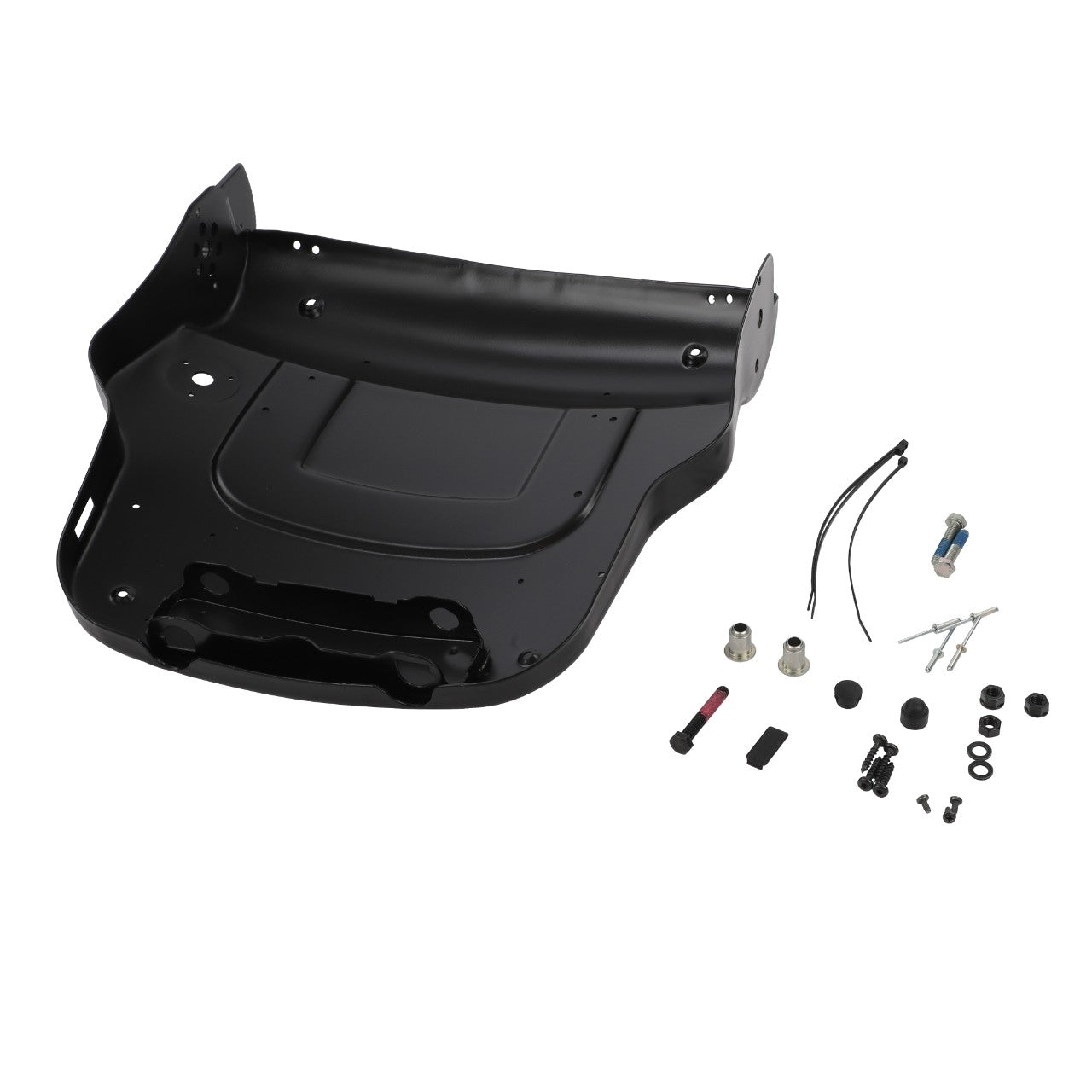 No current product description available for the AGCO seat mounting kit with additional hardware components, including screws, bolts, and other fasteners, arranged next to the black mounting panel.