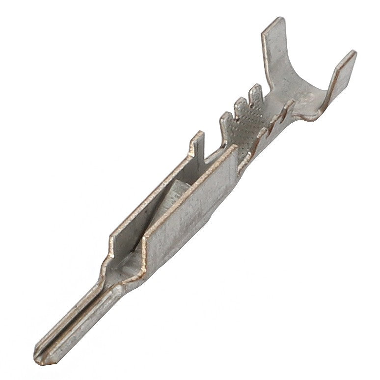 Close-up of the AGCO Electrical Connector Pin Terminal - AG517589, featuring a metallic U-shaped end and a serrated middle section for securing wires.