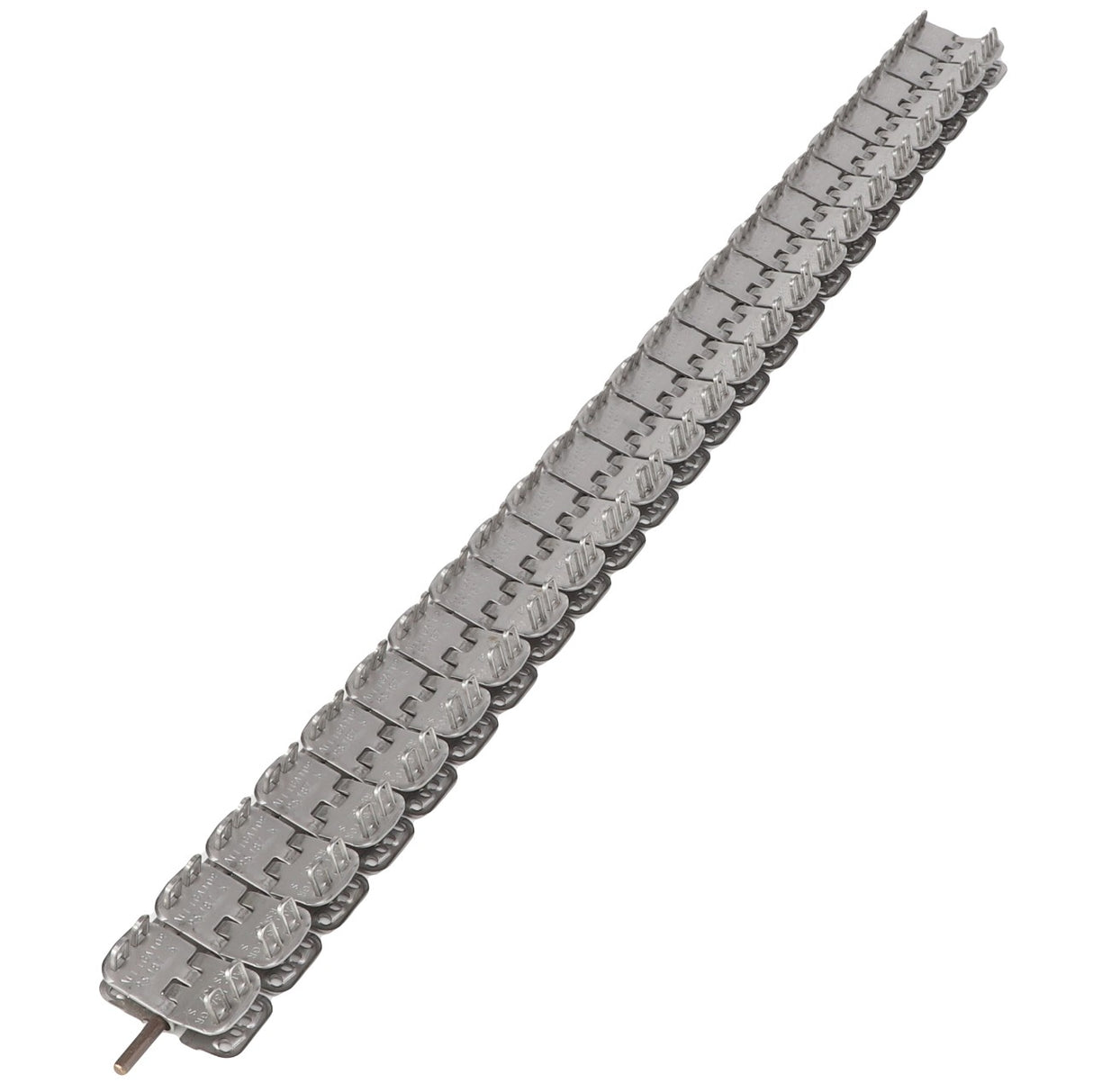 A silver metallic belt splice lacing pin from AGCO, featuring a series of uniform rectangular links connected in a straight line.