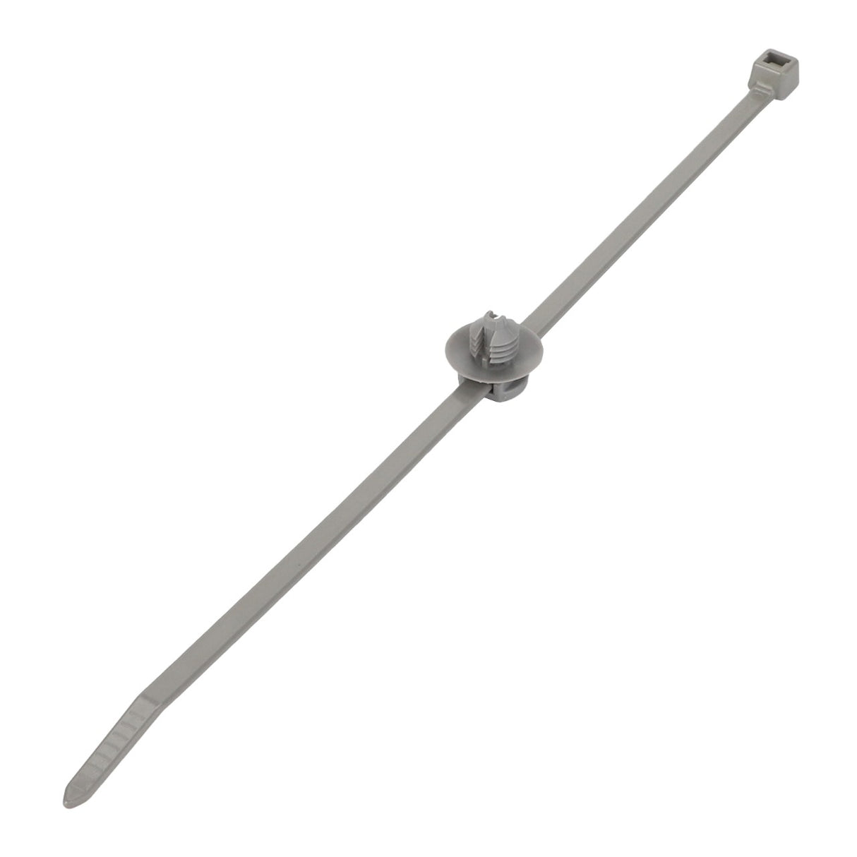 The AGCO | Cable Tie - Acw2783080 is a durable grey plastic cable tie that features an integrated mounting hole for easy installation.