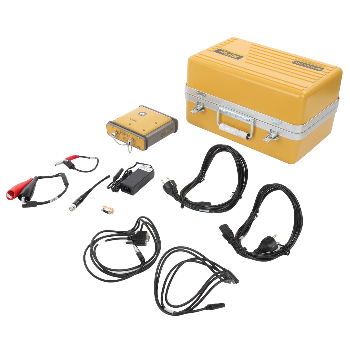 The AGCO | HIPER AG BASE STATION KIT - ACZ000126A by AGCO includes a vibrant yellow case, assorted black cables for all your needs, a reliable battery, sturdy clips, and an efficient yellow electronic device.