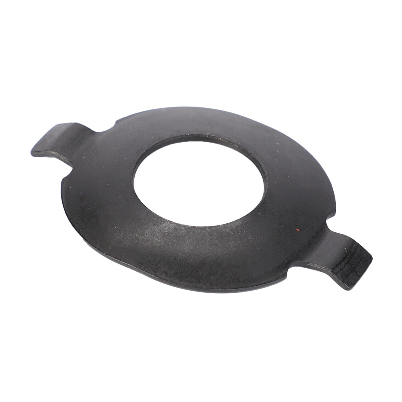 Here is the revised sentence using the given product data:
The AGCO THRUST WASHER (F930301020040) by AGCO is a flat, oval-shaped black metal object featuring a large central hole and two small extended tabs on opposite sides. Product description information is currently unavailable.