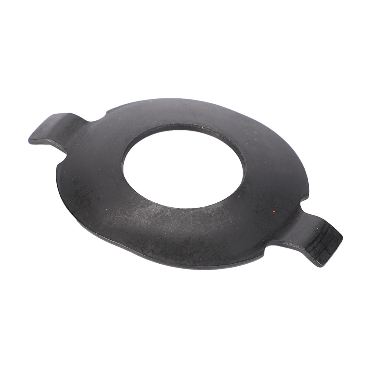 Here is the revised sentence using the given product data:
The AGCO THRUST WASHER (F930301020040) by AGCO is a flat, oval-shaped black metal object featuring a large central hole and two small extended tabs on opposite sides. Product description information is currently unavailable.