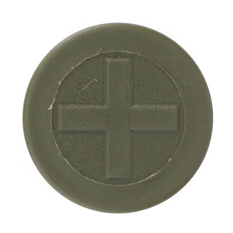 A green circular button with a raised plus sign in the center, mirroring the precision of AGCO's Vario controls, specifically noted in their Cap - 931962100010.