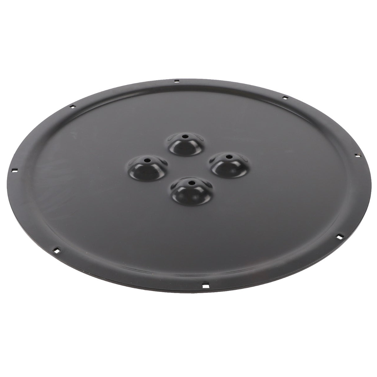 The AGCO | Backing Pad - Fel140310 is a round, black metal cover featuring four raised circular protrusions at its center and small holes neatly arrayed around the edge.