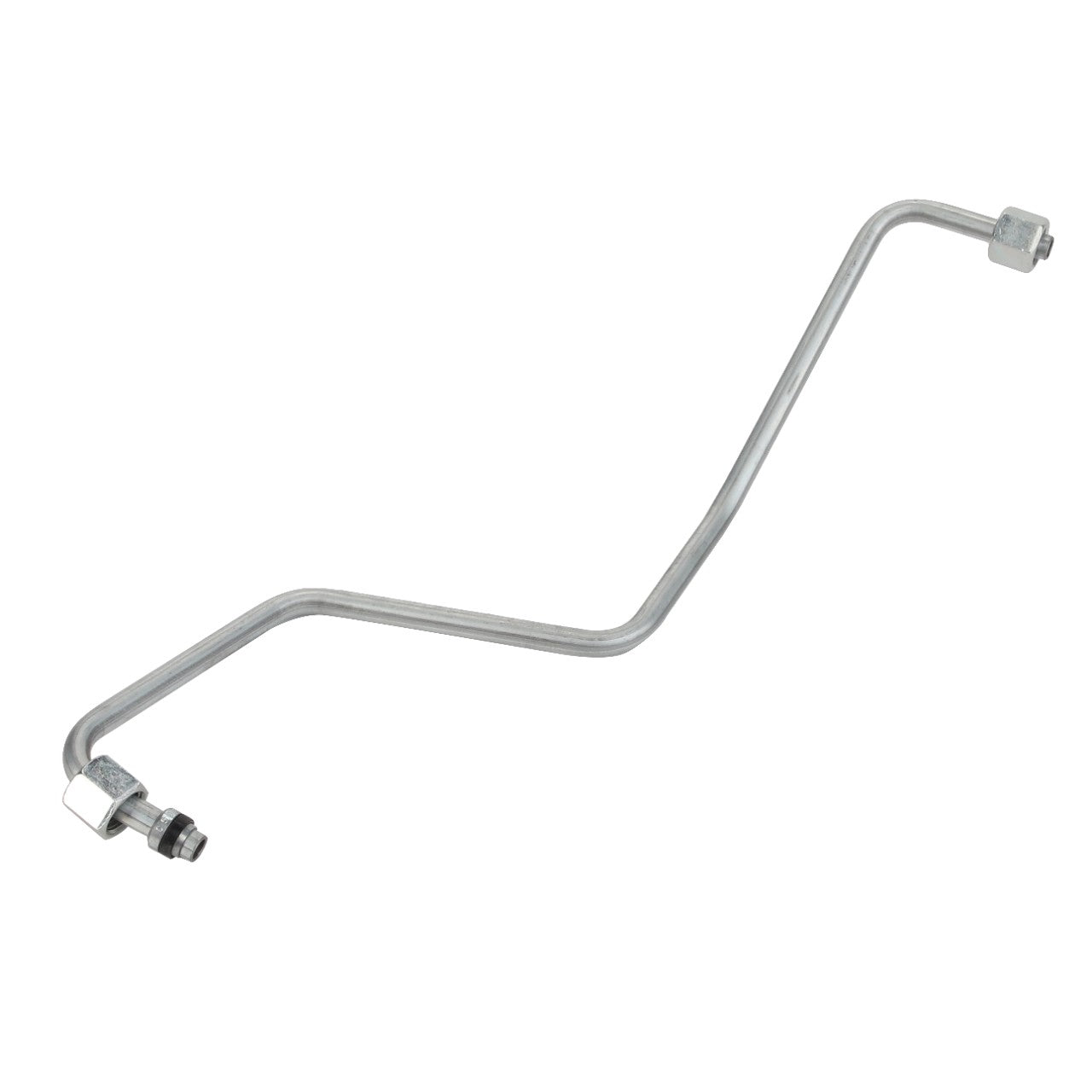 A current product description is available for the AGCO | Left Hand Brake Pipe - Acw7086420. This metal fuel line pipe features multiple bends and has two fittings at each end.