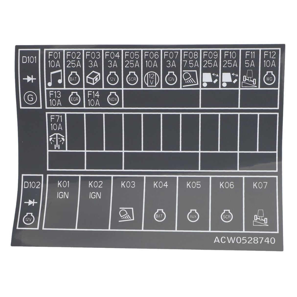 A diagram of the AGCO | Decal - Acw0528740 fuse box panel with labeled fuses and icons indicating their respective functions, including lights, ignition, and various vehicle systems. No current product description information is available for additional features.