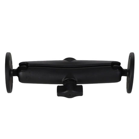 The AGCO | Ram® Universal Double Ball Mount With 2 Round Plates - Acw3487310 is a sleek, black adjustable double socket arm, featuring two circular mounts on the ends and a central tightening knob.