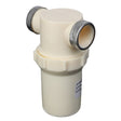 The AGCO INLINE STRAINER - AG513640 is a cylindrical plastic filter housing equipped with 3/4" NPT threads, featuring two side ports and one top port. It includes a threaded connector and silver-colored banded ends, along with two caution labels situated on the lower part.