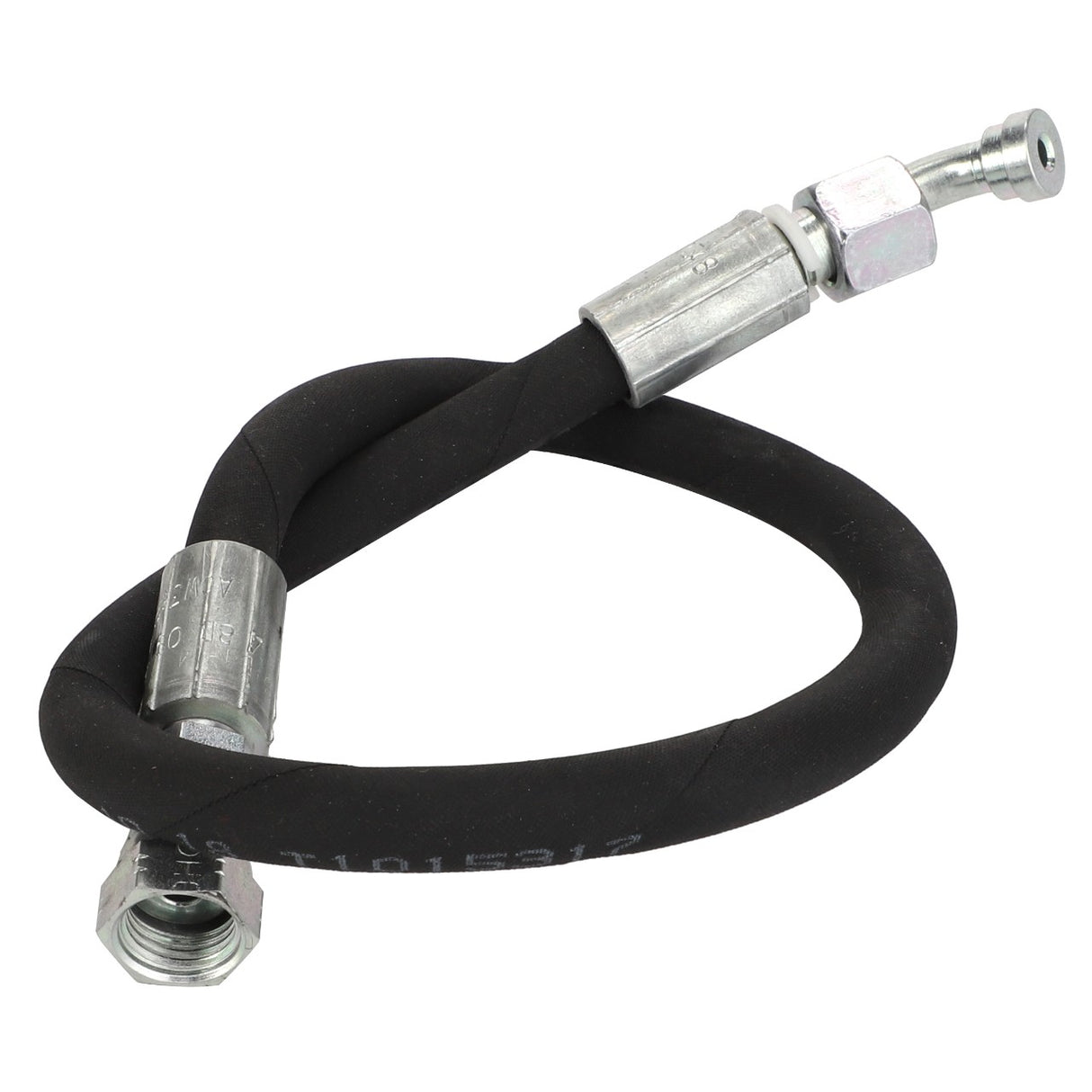 The AGCO Hydraulic Hose - Acw3524220, a black rubber hose branded by AGCO, features metallic fittings on both ends. One side has a larger hexagonal nut, while the other end has a smaller threaded connector. The hose is coiled in a loose loop.