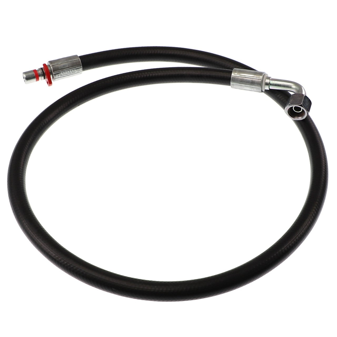 The AGCO HOSE - AL9032630 is a coiled black hose featuring one straight metal fitting and one bent at a right angle. Currently, there is no additional product description information available.