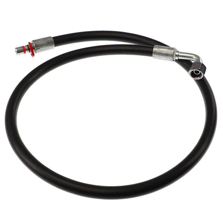 The AGCO HOSE - AL9032630 is a coiled black hose featuring one straight metal fitting and one bent at a right angle. Currently, there is no additional product description information available.