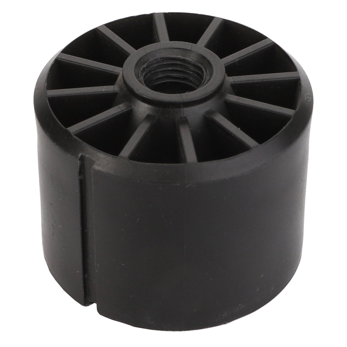 A black plastic spool with radiating spokes and a central threaded hole; no current product description information is available for the AGCO BEARING - AG709340 by AGCO.