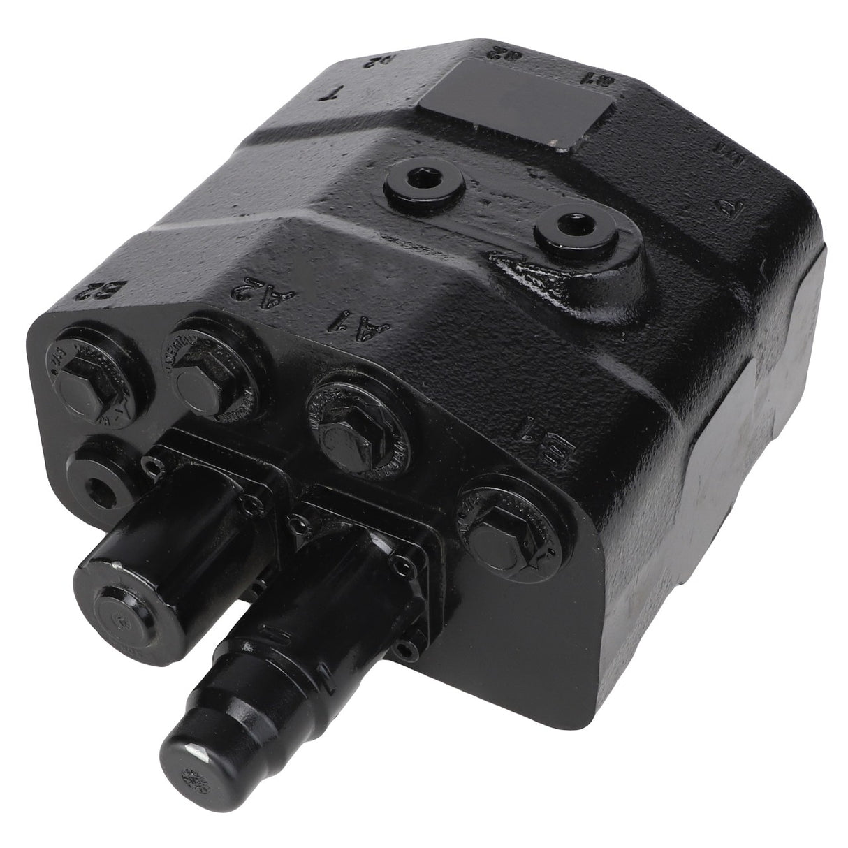 The AGCO | DISTRIBUTOR - AL521622 is a rugged black hydraulic steering control unit featuring multiple ports and connectors, designed for seamless integration in heavy machinery or industrial equipment.