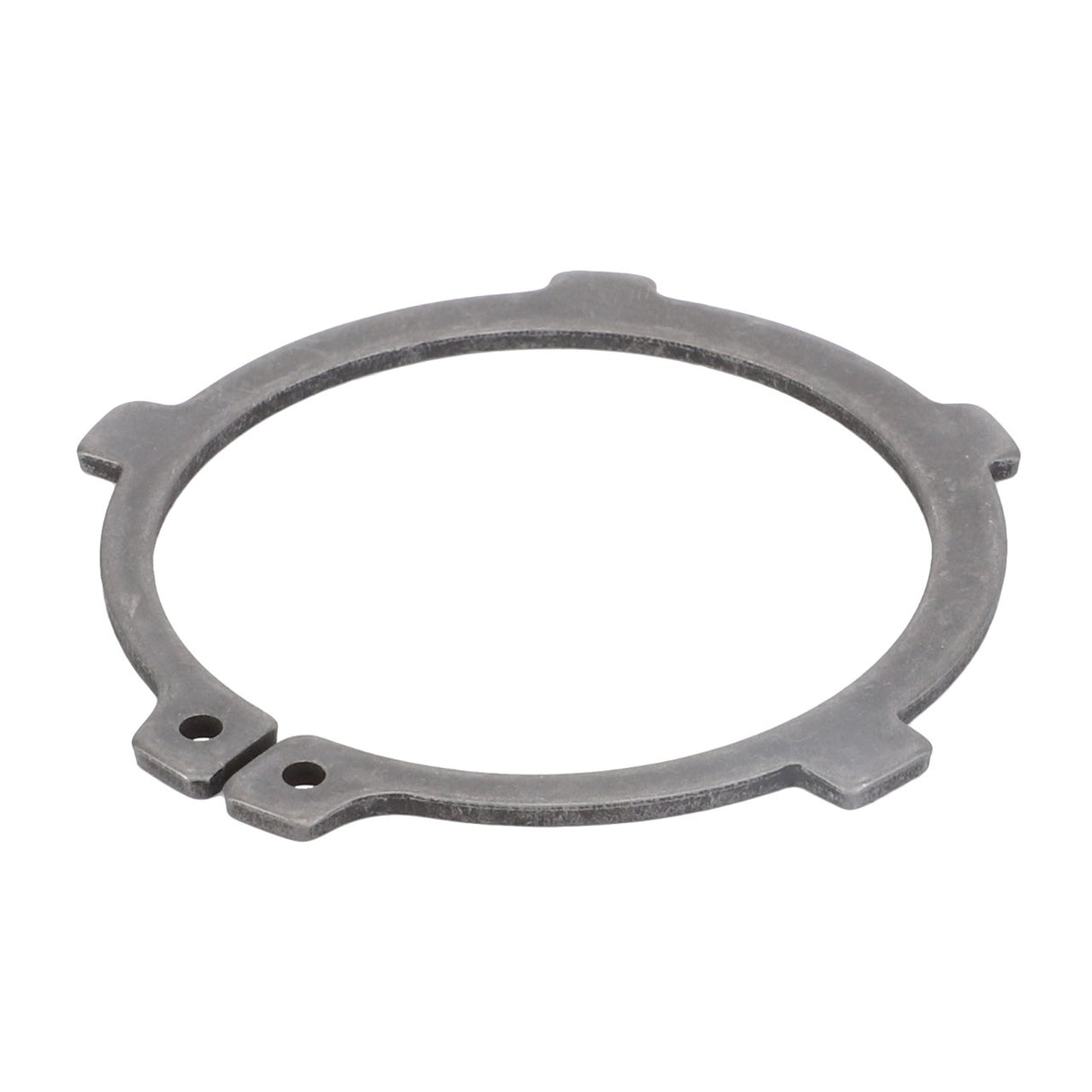 The AGCO | Circlip - 390077X1 is a metal snap ring with a 65.3mm diameter, featuring four tabs and two small holes on one edge.