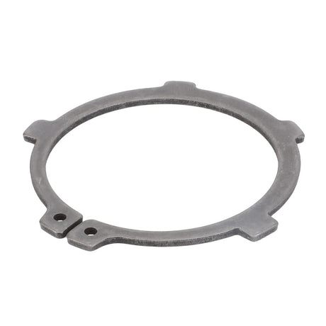 The AGCO | Circlip - 390077X1 is a metal snap ring with a 65.3mm diameter, featuring four tabs and two small holes on one edge.