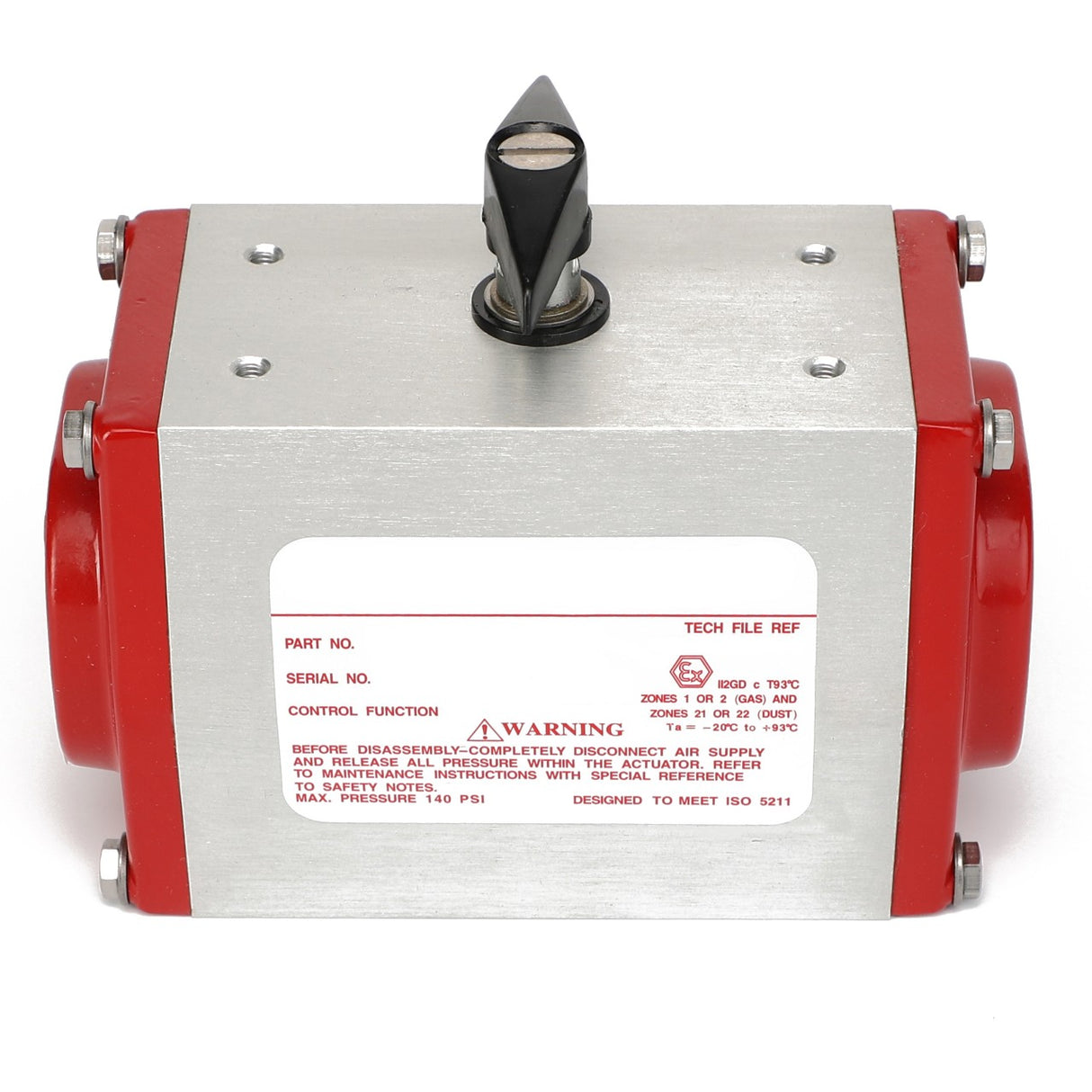 The AGCO | VALVE - AG331615 is a metallic industrial device equipped with red end caps and a black rotating lever on top. The front displays a label detailing specifications and includes a warning notice about disassembly and maintenance. Please note, no additional product description information is available at this time.