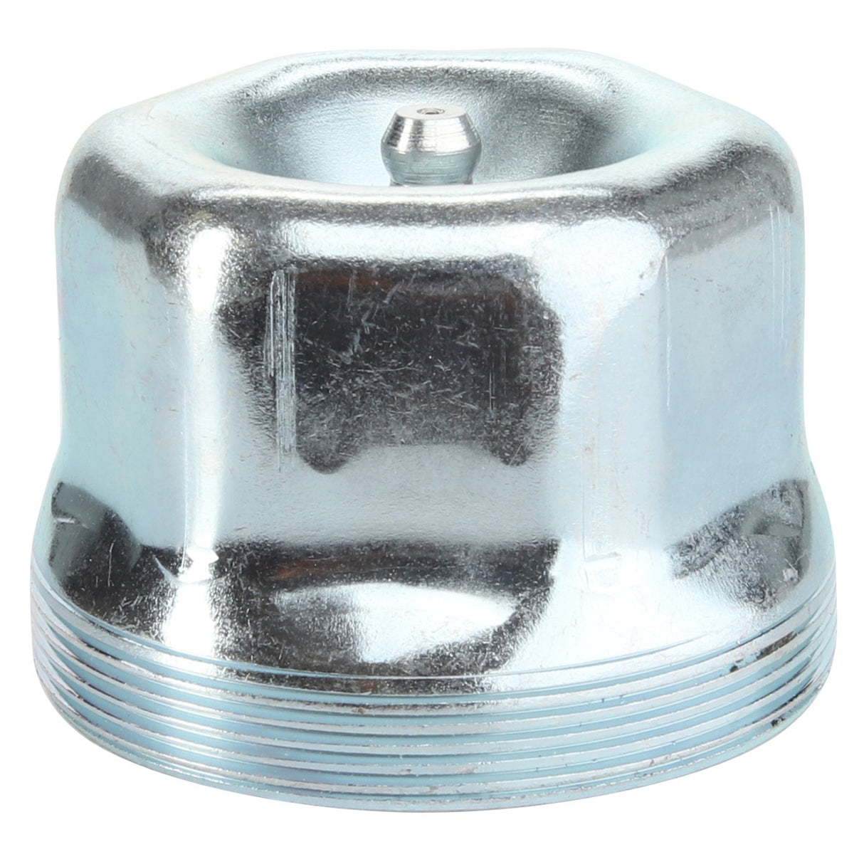The AGCO | CAP - D46723900 is a metallic, hexagonal cap featuring a threaded base and central protruding tip, designed for machinery or hardware use.