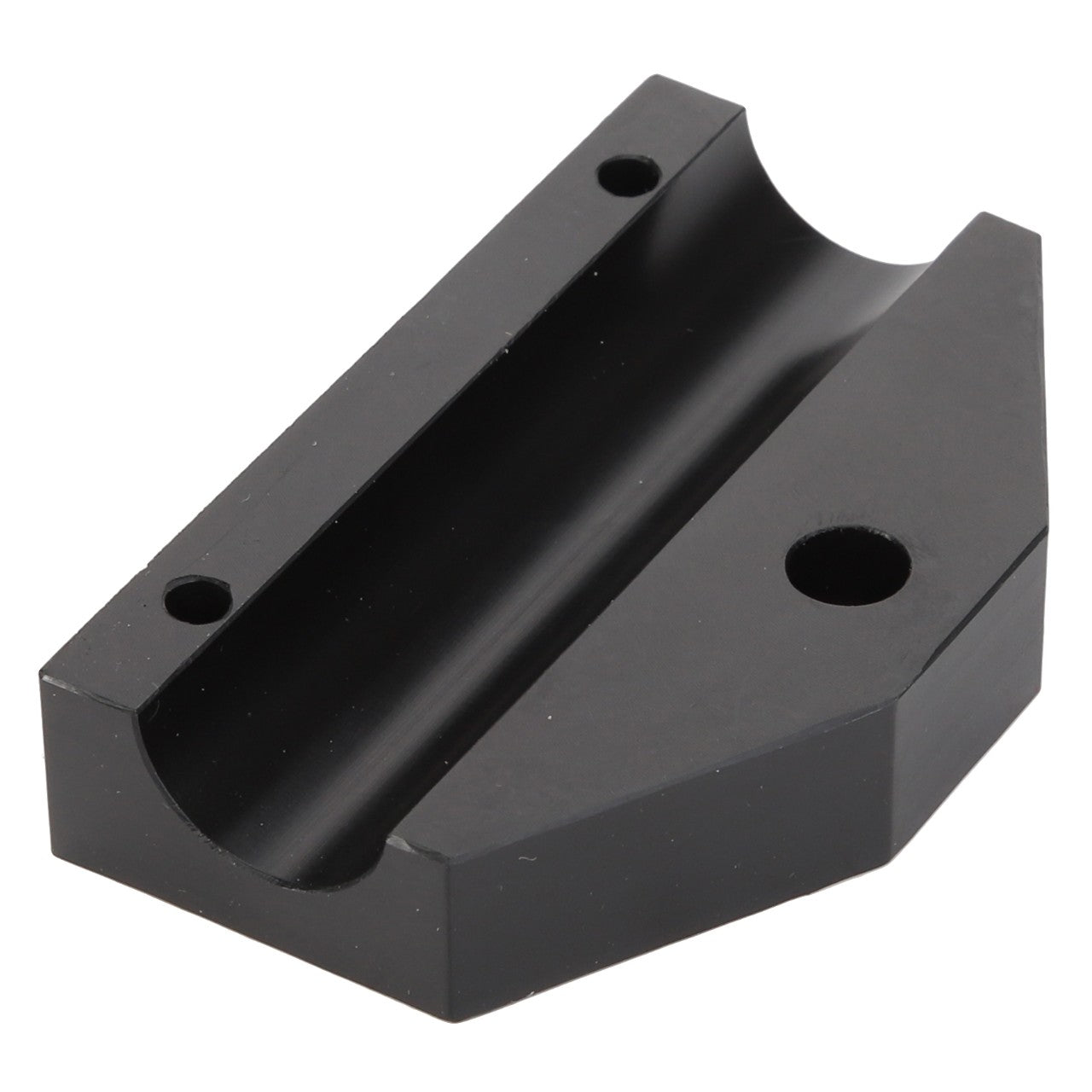 The AGCO Bracket - Acw1758520 is a black, rectangular metal component featuring two drilled holes on one flat side and a grooved indentation running along its middle.