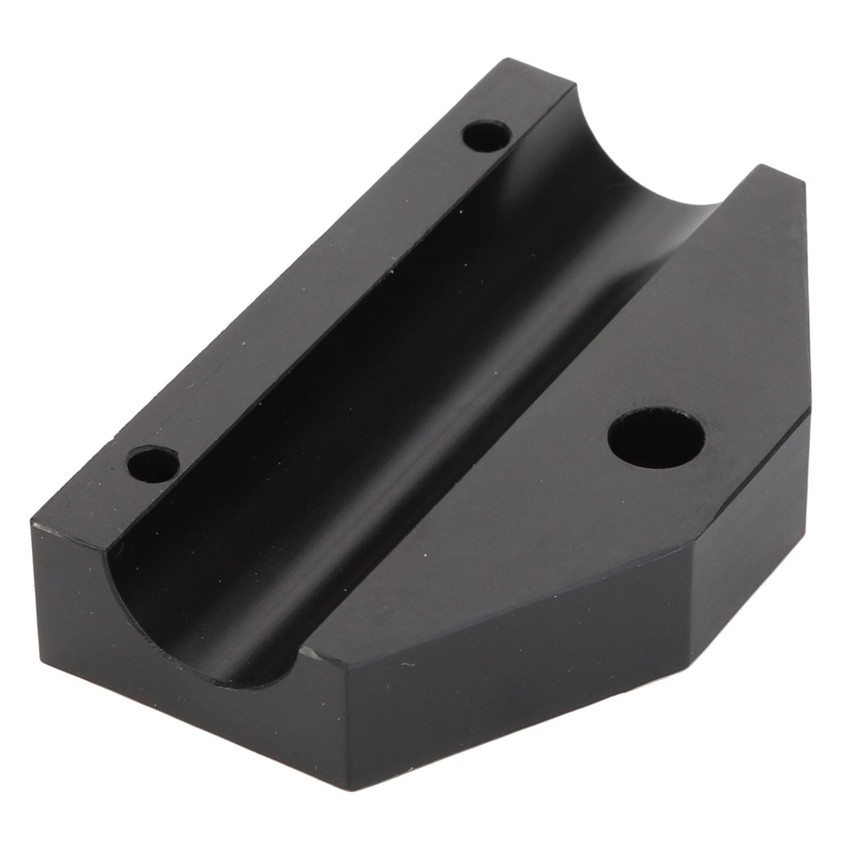 The AGCO Bracket - Acw1758520 is a black, rectangular metal component featuring two drilled holes on one flat side and a grooved indentation running along its middle.