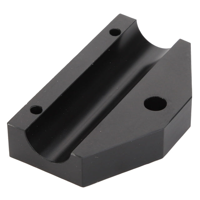The AGCO Bracket - Acw1758520 is a black, rectangular metal component featuring two drilled holes on one flat side and a grooved indentation running along its middle.
