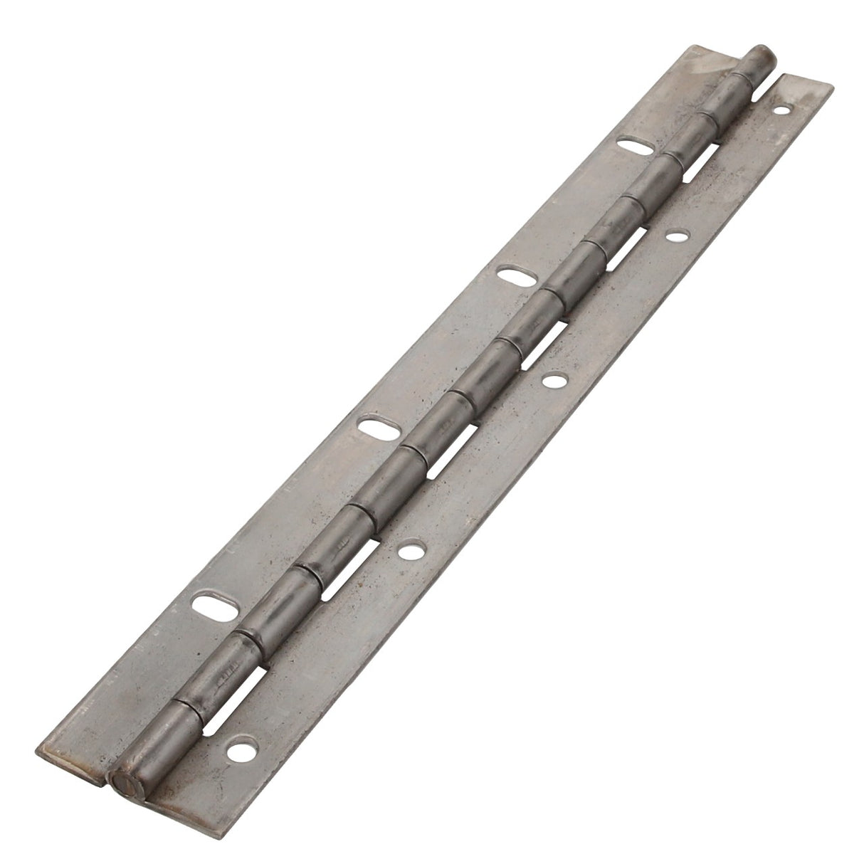 The AGCO | HINGE - AG324178 is a long, metallic continuous hinge with multiple screw holes along its length, designed for joining and enabling the pivoting movement of two parts.