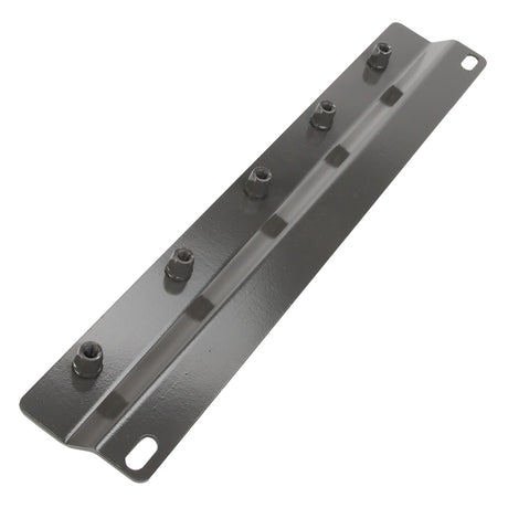 The AGCO Bracket - Acw1395690 is a black metal mounting bracket featuring six attached bolts and two elongated holes at each end.