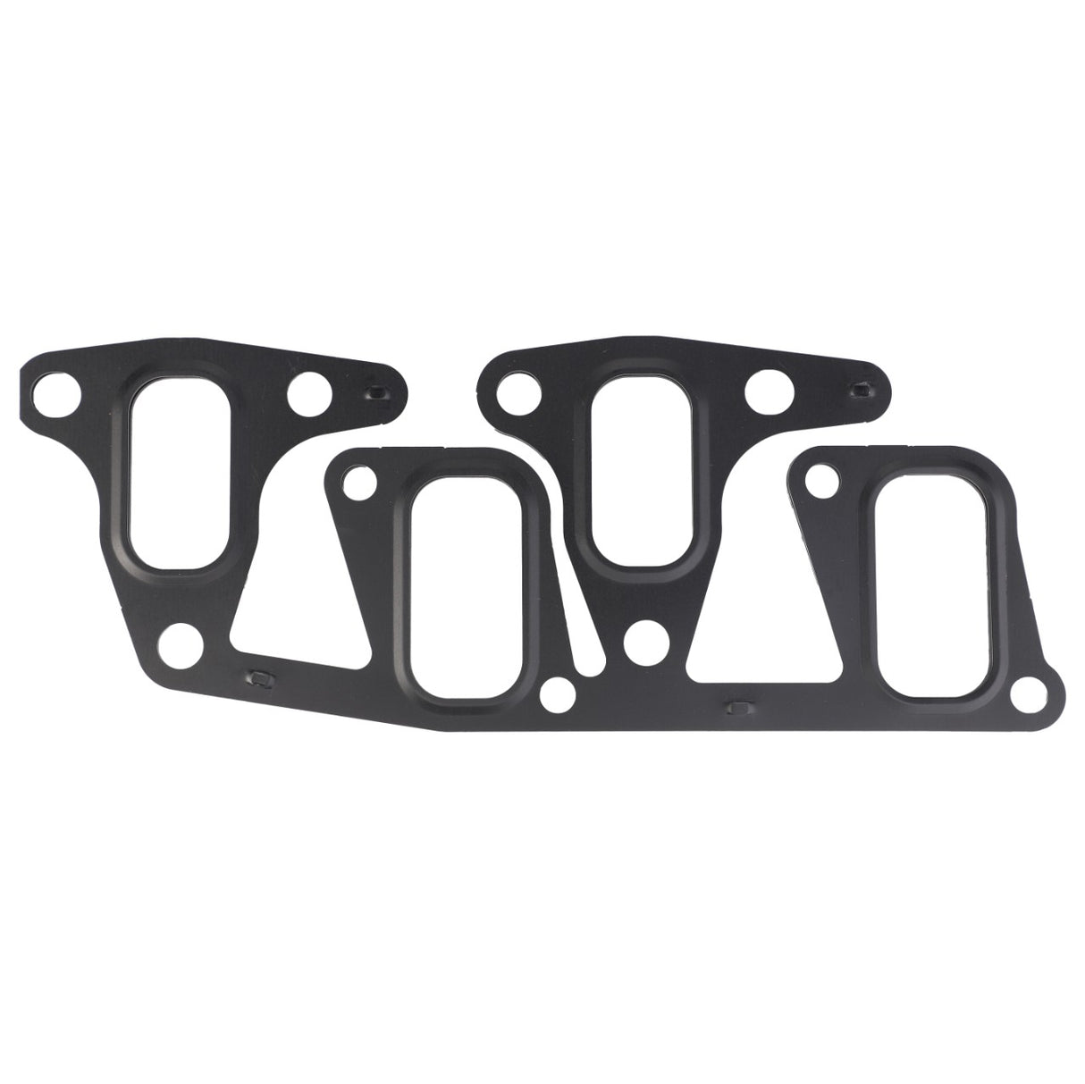 The AGCO Joint - 4223727M1 is a black metal automotive gasket featuring three rectangular cutouts and multiple bolt holes, specifically designed for engine assembly in Massey Ferguson MF models, and is compatible with both 2WD and 4WD systems.