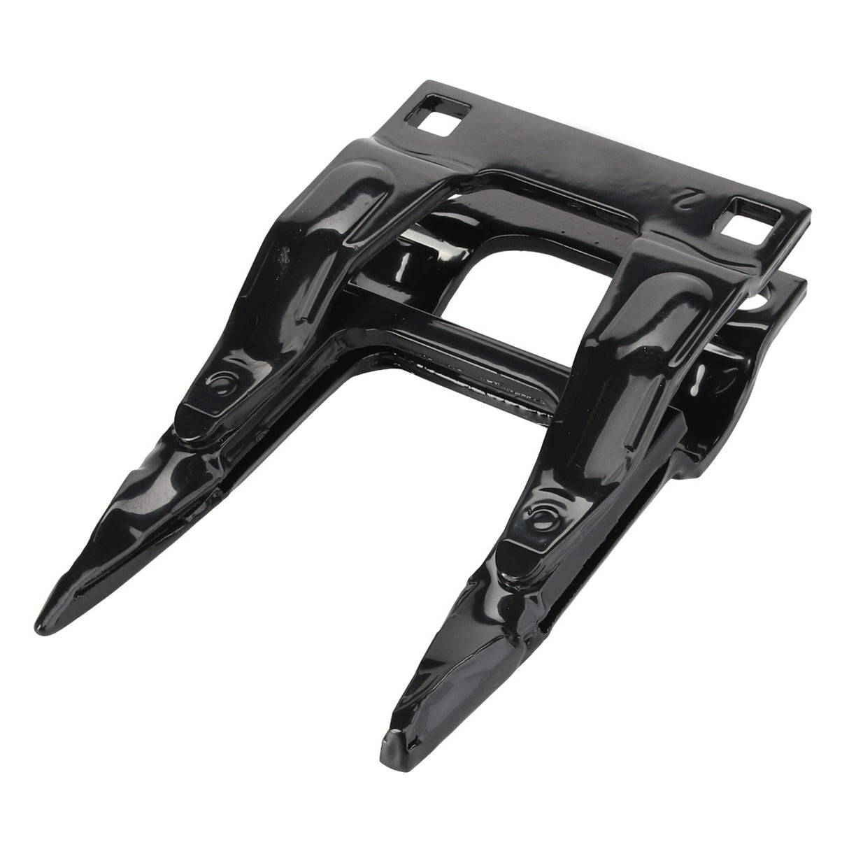 Here is your revised description:
No current product description information available for the AGCO BLADE GUARD TOOTH - D28286837, featuring two pointed metal prongs and mounting holes for attachment. This black double guard finger is designed for use with farm implements.