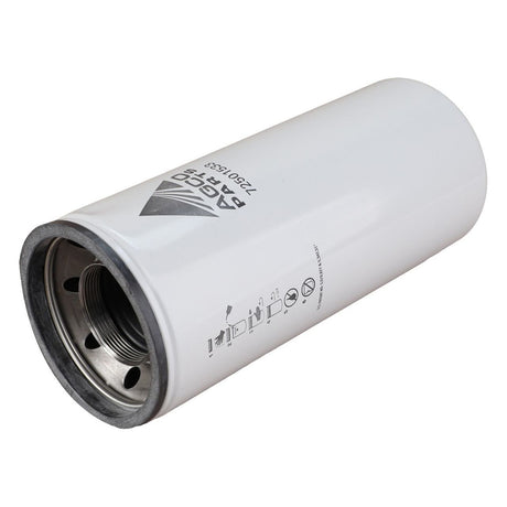 A cylindrical white filter with a metal interior and threaded opening, displaying AGCO brand and model information in black text on the surface, ensures cleaner oil to your engine. The Engine Oil Filter Spin On - 72501533 by AGCO prevents wear and corrosion for optimal performance.