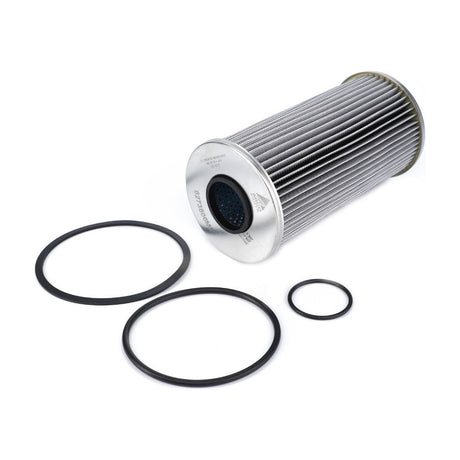 A cylindrical metal filter with multiple pleats, accompanied by three various-sized rubber O-rings, arranged against a plain white background, ensures maximum protection and prolonged service life with AGCO Engine Oil Filter Cartridge - 6273806M1.