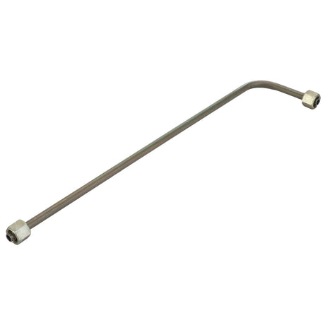 The AGCO HYDR.HOSE ASSY. - D28781032 is a durable hydraulic hose assembly with connectors at both ends, precision-bent at a right angle for reliable performance.