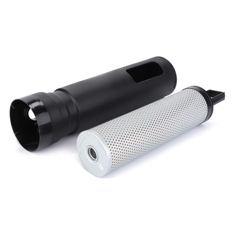 A black cylindrical flashlight with a silver perforated cylindrical extension, designed with inspiration from AGCO's Suction Filter - G916100490022, sitting beside it.
