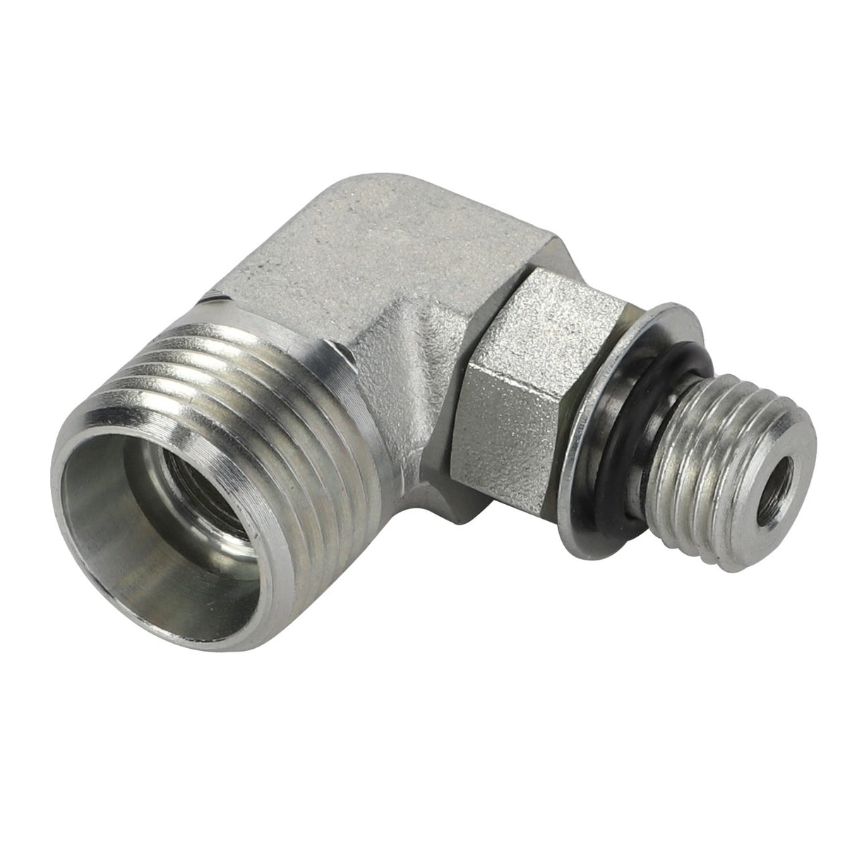 The AGCO Elbow Union - Acx2803950 is a metal 90-degree pipe elbow fitting with threaded ends and an O-ring seal. No current product description information is available.