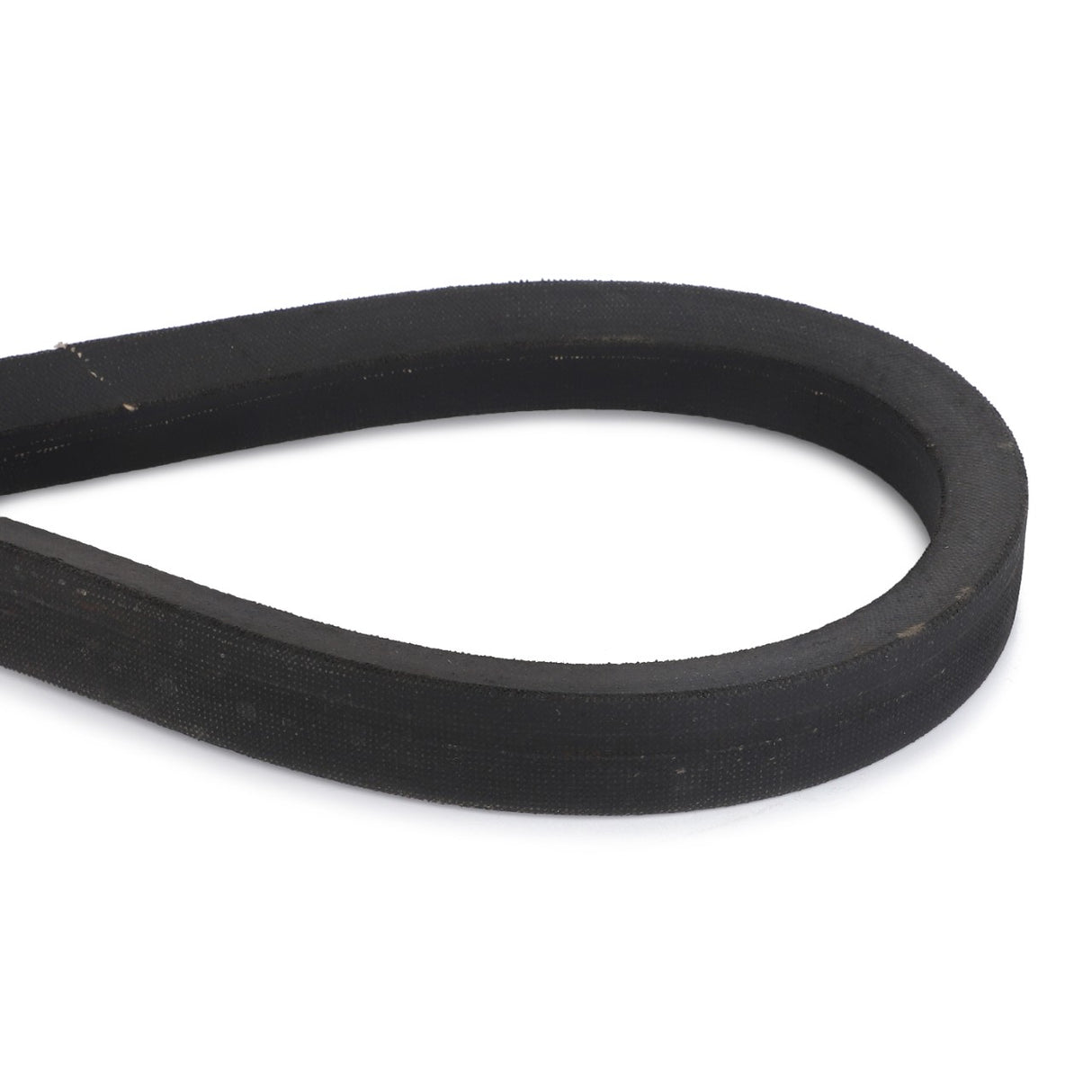 A close-up image of the AGCO | Drive V Belt, Pick-Up - Y57604 looped on a white background, showcasing its textured surface and smooth sides for optimal performance.