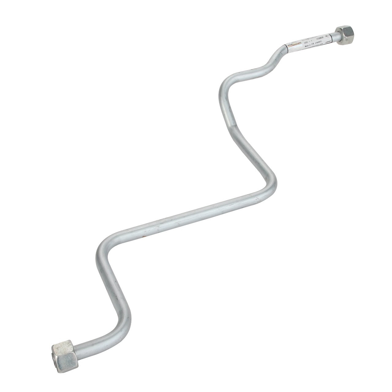 The AGCO Brake Pipe - Acx247259A is a metal pipe with multiple bends, featuring hexagonal fittings at both ends and a label attached near one end. No current product description information is available.