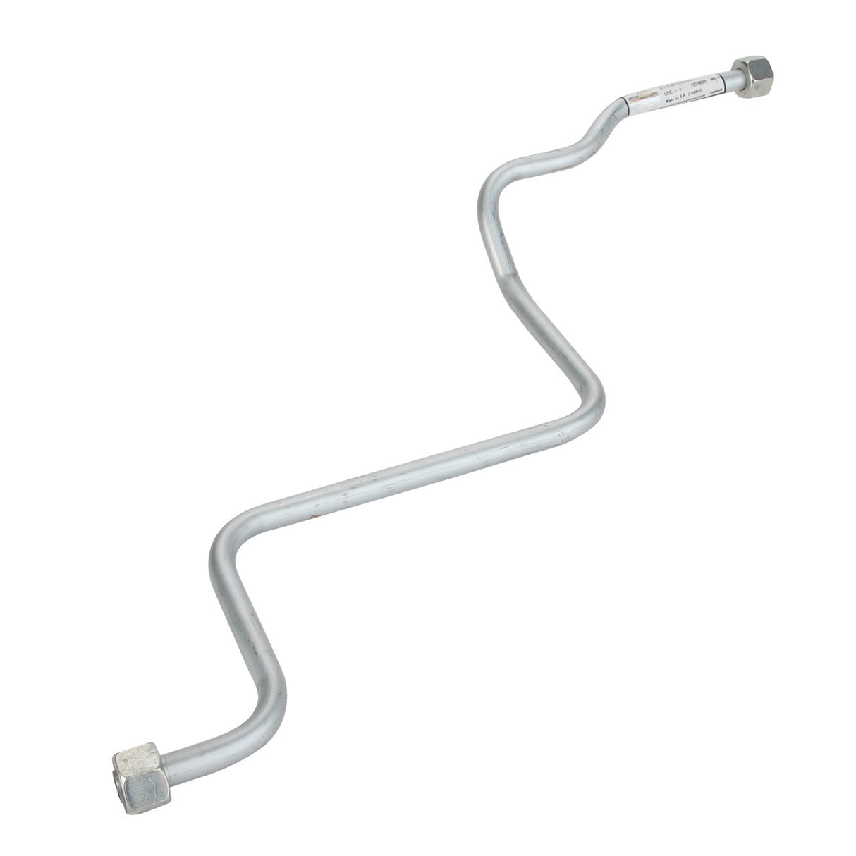 The AGCO Brake Pipe - Acx247259A is a metal pipe with multiple bends, featuring hexagonal fittings at both ends and a label attached near one end. No current product description information is available.