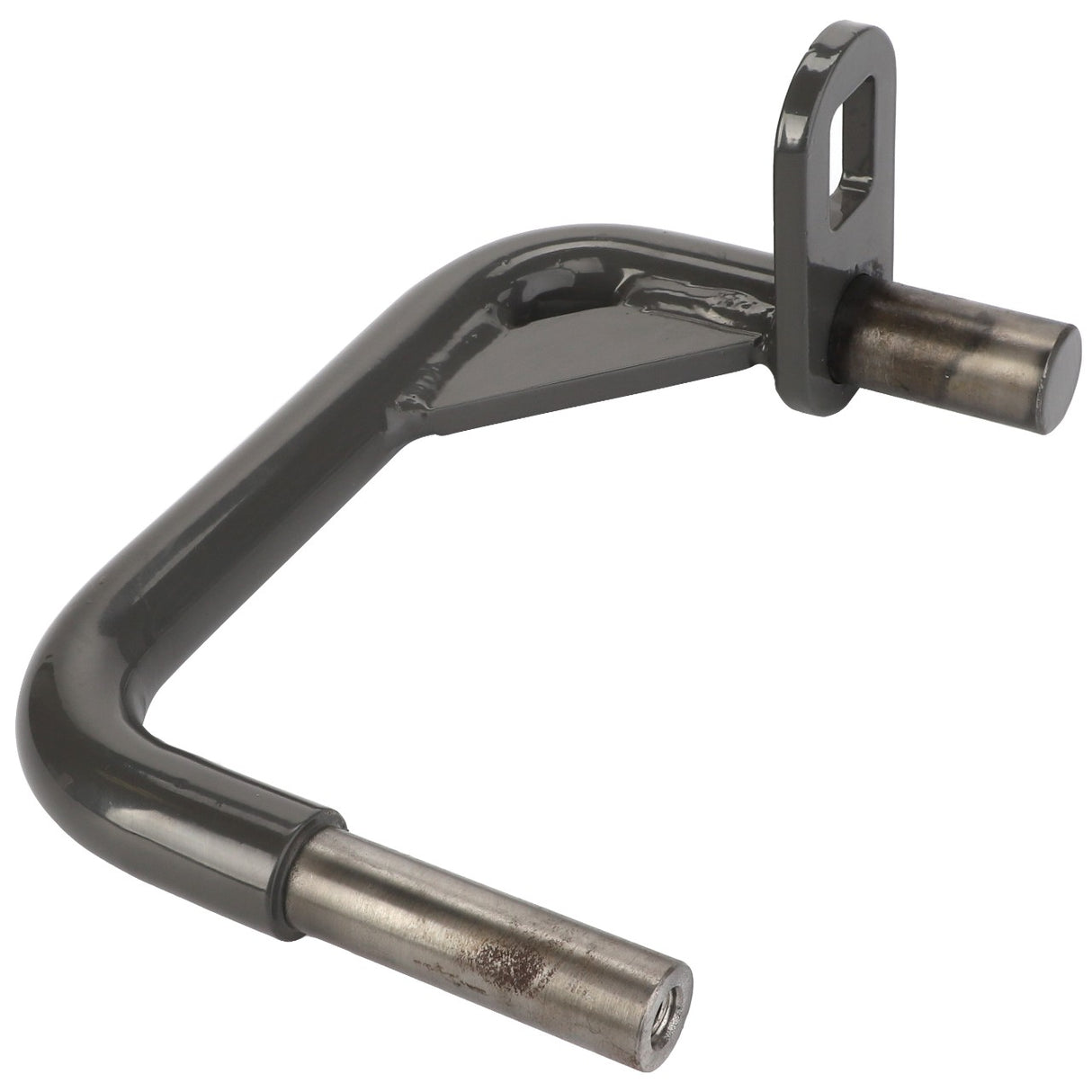 The AGCO Axle - Fel15301509, branded under AGCO, is a metal hook with two cylindrical ends and a rectangular attachment point. It features a shiny black finish and is perfect for versatile use in various settings. Currently, there is no additional product description available.