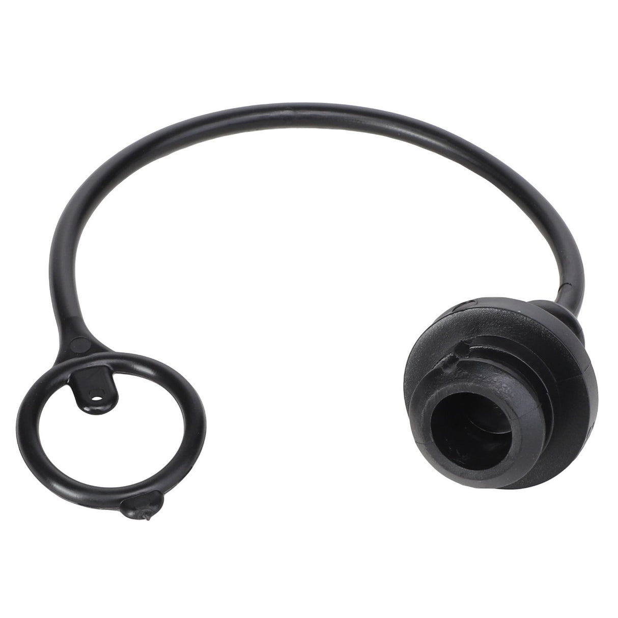 The AGCO | Front Loader Hose Kit Dust Cover - AL5044130 is a black rubber dust cap, designed specifically for front loaders. It includes a flexible strap and a circular attachment component, ensuring durability and compatibility with original AGCO Parts.