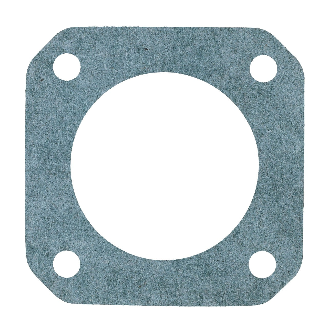 The AGCO | GASKET - 0.001.2921.0, branded by AGCO, is a square blue-green gasket featuring a large central circular hole and four smaller circular holes in the corners, engineered for durability in high-pressure environments.