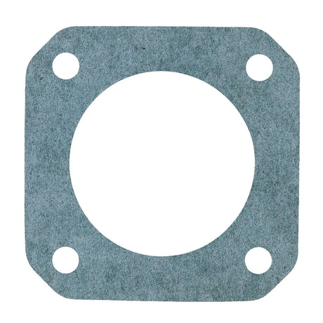The AGCO | GASKET - 0.001.2921.0, branded by AGCO, is a square blue-green gasket featuring a large central circular hole and four smaller circular holes in the corners, engineered for durability in high-pressure environments.