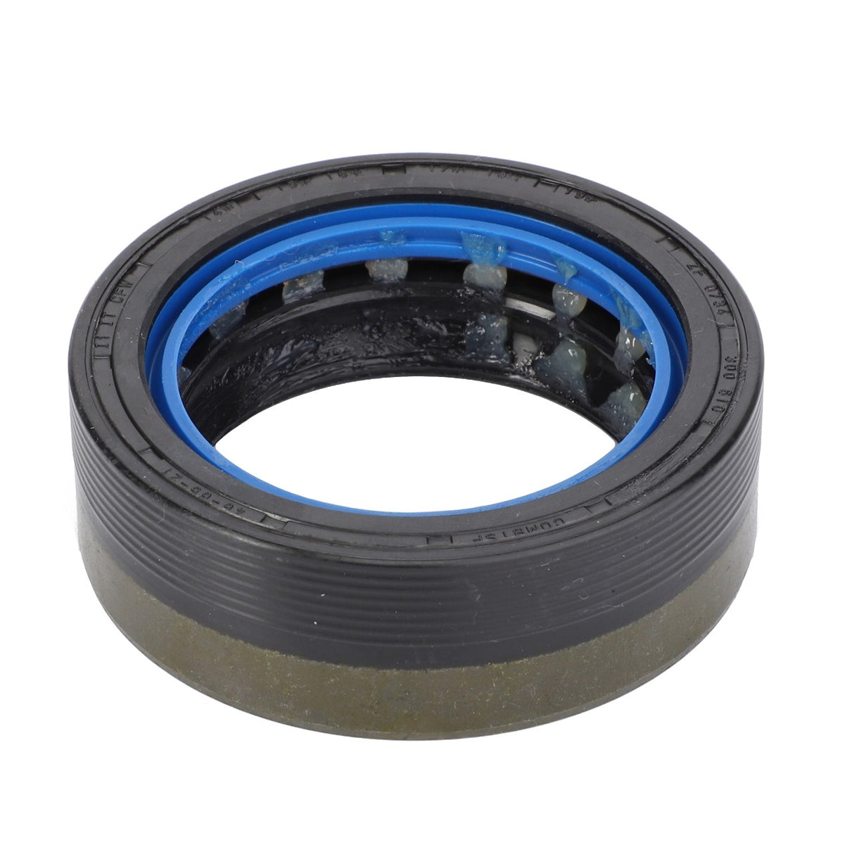 A close-up image of the AGCO Shaft Seal - F199300020310 featuring a black and blue rubber exterior and an inner metal ring displays intricate craftsmanship.