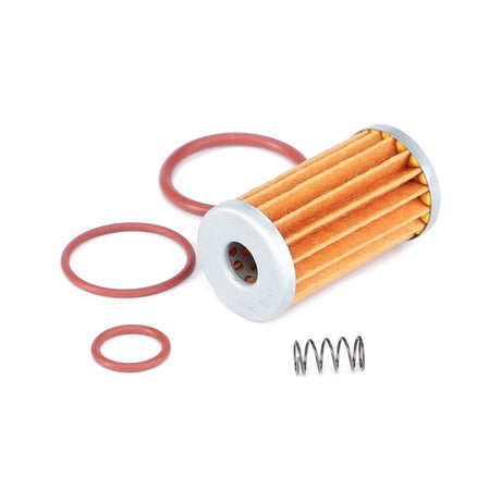 The AGCO Hydraulic Filter Cartridge - F716961020010 features a cylindrical design with a pleated surface and includes three red rubber O-rings of different sizes, along with one small metal spring. Ideal for Massey Ferguson models, this genuine hydraulic filter cartridge ensures top performance.