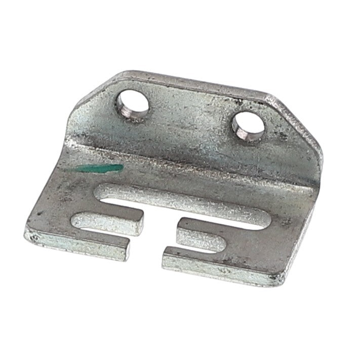 The AGCO | PLATE - ACP0395610 by AGCO is a metallic bracket featuring two circular holes and a slotted opening, designed for mounting or securing purposes. For product questions, please contact support.