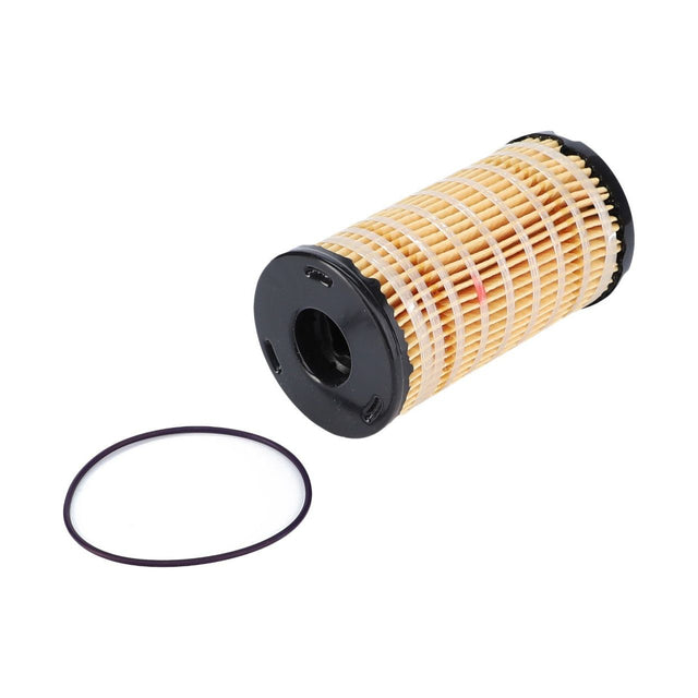 An AGCO Engine Oil Filter Cartridge (Product Code: 4225348M1) with a black grommet ring lies next to it. The filter, suitable for Massey Ferguson models, is made of pleated material that appears to be either paper or synthetic.