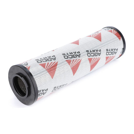 A cylindrical filter element with black circular end caps and a white body featuring red triangular logos and the text "AGCO Parts," specifically compatible with Massey Ferguson hydraulic filter cartridges under the name Hydraulic Filter Cartridge - 4285174M1, by AGCO.