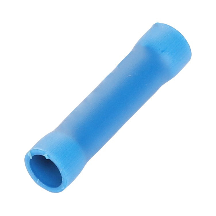 A close-up image of an AGCO | CONNECTOR - AG558966, a blue plastic butt connector designed for joining two electrical wires.
