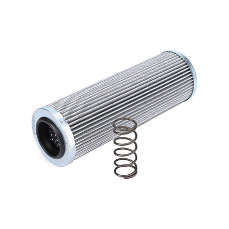 The AGCO Hydraulic Filter Cartridge - 587603D1 is a cylindrical metal filter accompanied by a spring, specifically designed for contaminant protection in mechanical or industrial applications.