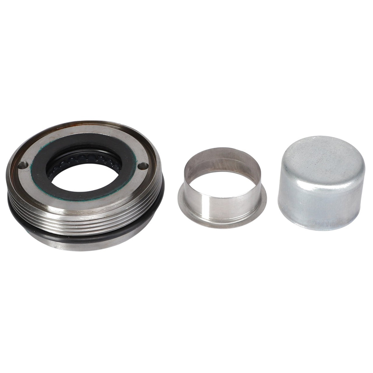 Product Description: The AGCO | RETAINER - AG059807 is a mechanical seal assembly incorporating three metal components arranged in sequence: a complex circular seal unit, a cylindrical part, and a cap-like piece. No additional product description information is currently available for this assembly.