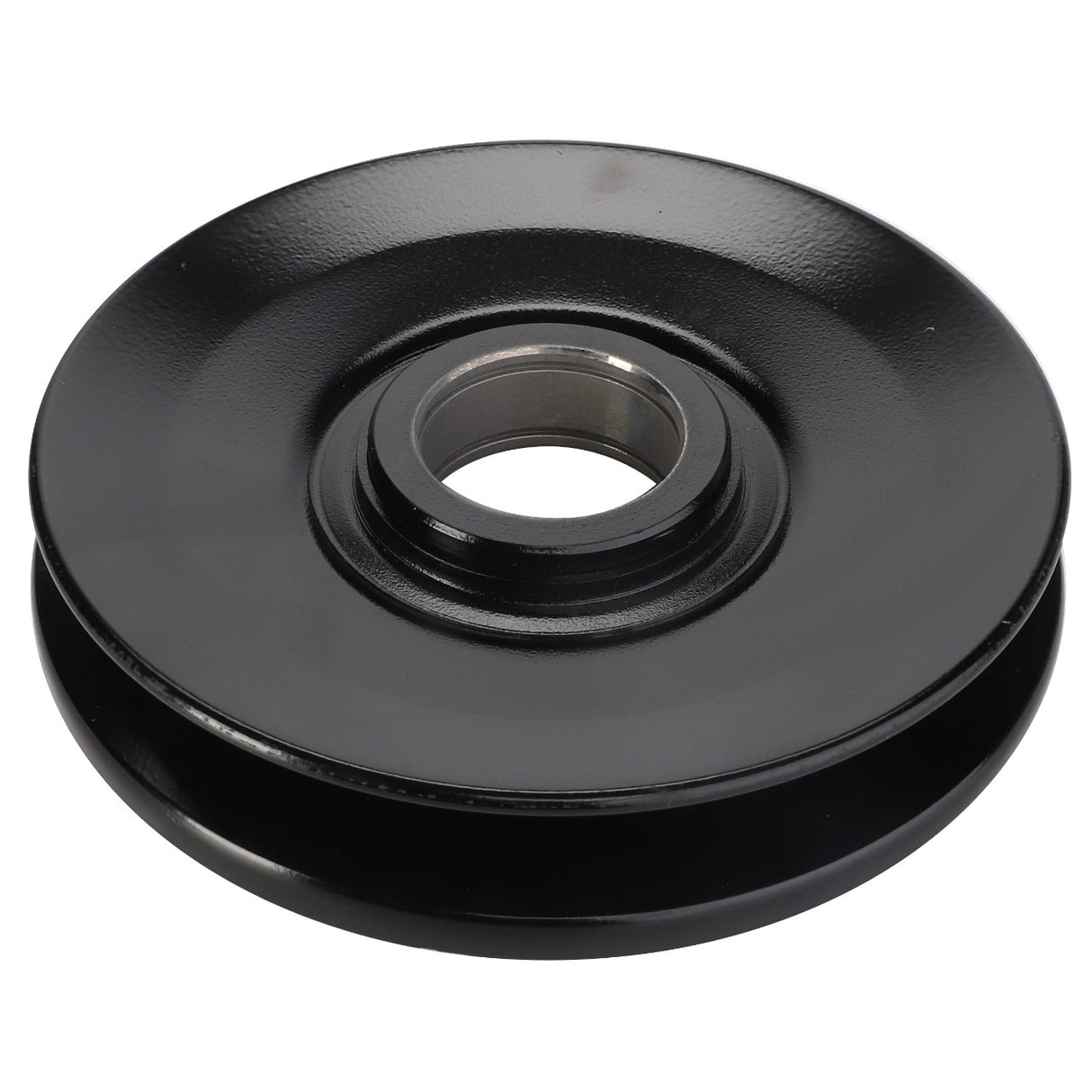 The AGCO PULLEY - D28752130, a sleek metal pulley featuring a smooth, circular design and central hole, is showcased on a pristine white background.